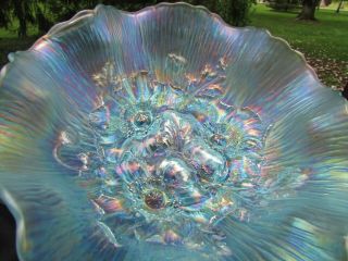 Northwood Poppy Show Antique Carnival Art Glass Ruffld Bowl Ice Blue Gorgeous