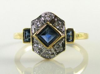 Class 9ct 9k Gold Blue Sapphire Diamond Art Deco Ins Ring Resize