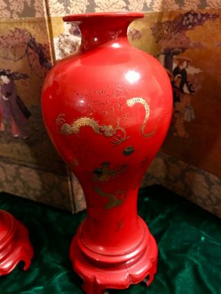 Vintage Orange Foochow China Lacquer Vases w.  Dragons Hand Painted/Made 12