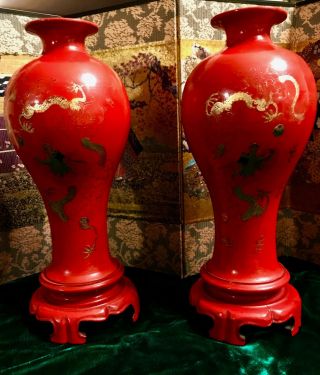 Vintage Orange Foochow China Lacquer Vases W.  Dragons Hand Painted/made