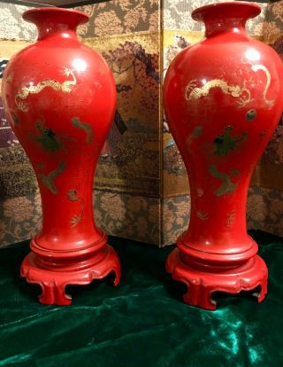 Vintage Orange Foochow China Lacquer Vases w.  Dragons Hand Painted/Made 2