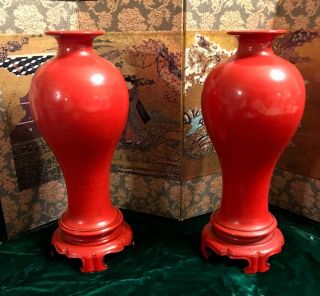Vintage Orange Foochow China Lacquer Vases w.  Dragons Hand Painted/Made 3