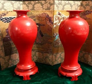 Vintage Orange Foochow China Lacquer Vases w.  Dragons Hand Painted/Made 4