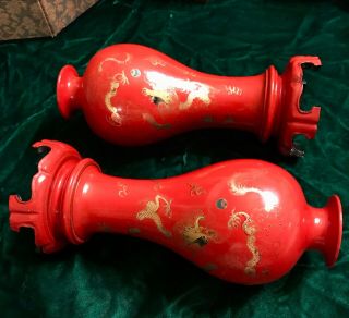 Vintage Orange Foochow China Lacquer Vases w.  Dragons Hand Painted/Made 5