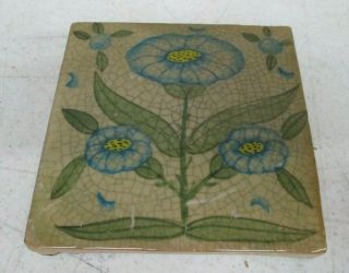 Antique 6 " X6 " Hand Made Tile Arts & Crafts Era Flower Design With Stamp 1 " Thick