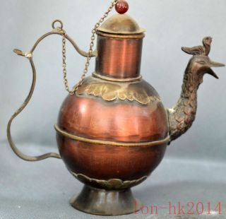 Asian Collectable Antiques Copper Hand Carve Phoenix Cock Old Auspicious Tea Pot