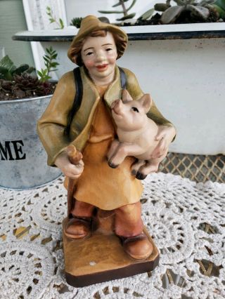 Vintage Carved Wood Figure Man With Pig Farmer Germany Painted
