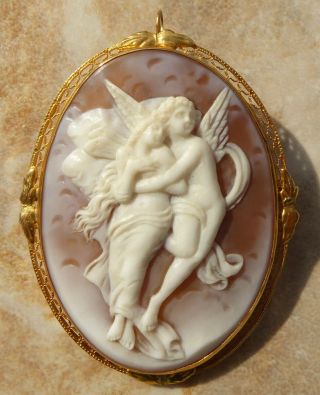 Antique Shell Cameo Pin Pendant 10 Karat Gold Mount Psyche And Cupid