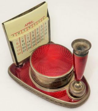 Antique 19th C Sterling Silver Red Enamel Guilloche Desk Set Pen Holder Calendar