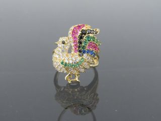 Vintage 18k Solid Yellow Gold Multi Color Gemstone Rooster Ring Size 5.  75