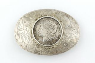 Vintage Bold Sterling Silver Belt Buckle W/ 1921 Morgan Dollar