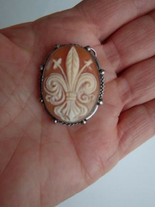 Vintage Sterling Silver Fleur Di Lis Cameo Pin Pendant Brooch
