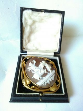 Antique Victorian Gilt Metal Carved Shell Cameo Brooch - Classical Putti Scene