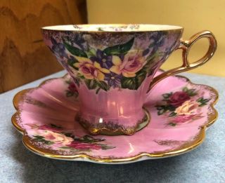 Royal Halsey Footed Pink With Roses Iridescent Tea Cup And Saucer Very Fine