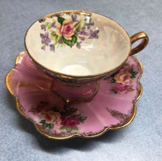 ROYAL HALSEY Footed PINK with Roses IRIDESCENT Tea Cup and Saucer Very Fine 2