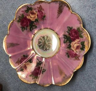 ROYAL HALSEY Footed PINK with Roses IRIDESCENT Tea Cup and Saucer Very Fine 3
