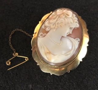 Vintage Hallmarked 9ct 9k Gold Pretty Lady Shell Cameo Brooch Pin Nicely Carved 12