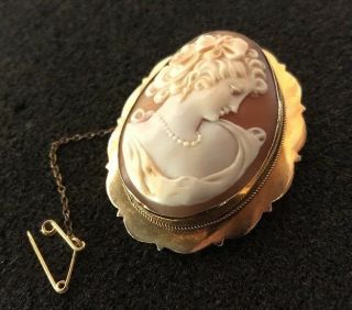 Vintage Hallmarked 9ct 9k Gold Pretty Lady Shell Cameo Brooch Pin Nicely Carved