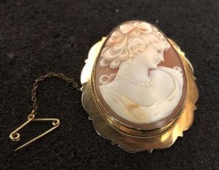Vintage Hallmarked 9ct 9k Gold Pretty Lady Shell Cameo Brooch Pin Nicely Carved 2