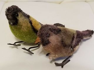 2 Vintage Wind Up Toy Birds Mohair Fur Collectible