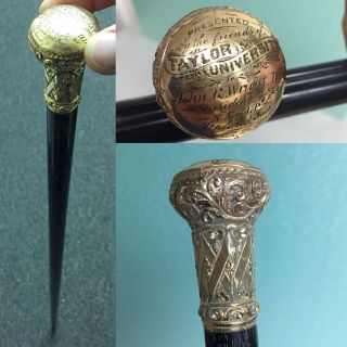 Antique Gold Filled Presentation Cane Walking Stick Taylor University Upland,  In