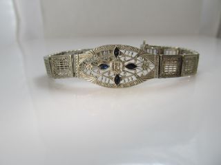 Ostby Barton Vintage 14k White Gold Filigree Sapphire Diamond Bracelet