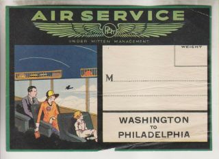 Vintage Luggage Label - Air Service - Under Mitten Management - To Philadelphia