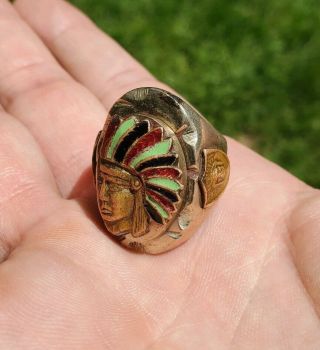 Vintage Men ' s MEXICAN BIKER’S RING Brass w/Copper & Enamel Indian Chief 2