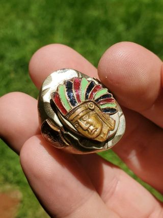 Vintage Men ' s MEXICAN BIKER’S RING Brass w/Copper & Enamel Indian Chief 6