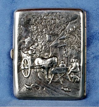 Lovely Antique 1917 Dutch Solid Silver Horse Embossed Cigarette Card Case Box