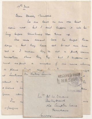 Wwii Letter.  Invasion Fear.  England 1940.  Royal Navy Officer,  Killed In Action.