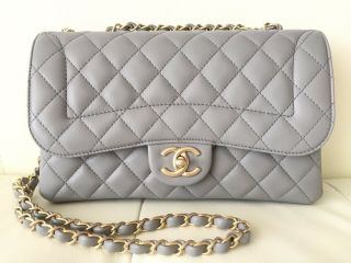 100 Authentic Rare Chanel Quilted Gray Classic Flap Matte Gold Hw Bag