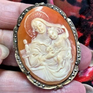 Antique 800 Silver Marcasite Shell Cameo Madonna/child Religious Brooch Pendant
