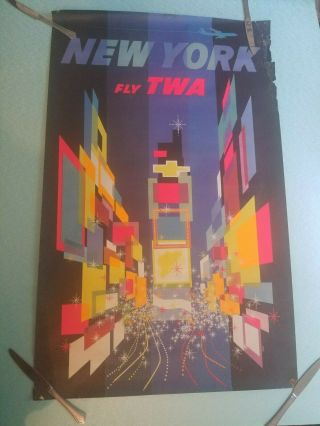 Rare 1950s Vintage Travel Poster Twa York Time Square Aitport Plane