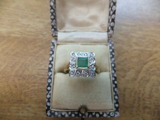 Lovely Art Deco Style 18ct Gold Emerald / Diamond Cluster Square Ring.  Wow.