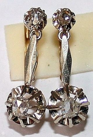 Antique Victorian French Bi Color 18k Gold Rose Diamond 2 Stone Dangle Earrings