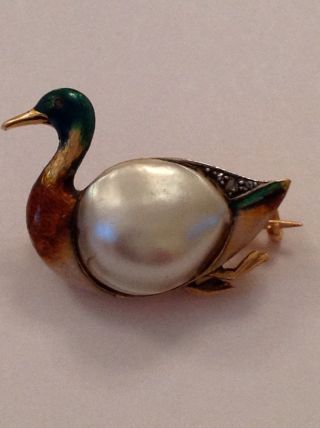 Antique 18ct Gold Enamel,  Mother Of Pearl & Rose Diamond Set Duck Brooch.