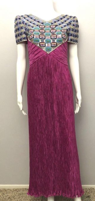 Mary Mcfadden Couture Vintage Beaded Hot Pink Fortuny Pleated Gown,  Sz 6
