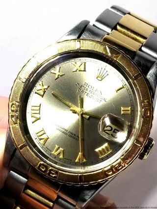 Vintage 16263 Rolex Datejust 18k Gold Ss Mens Quickset Roman Gray Dial Watch