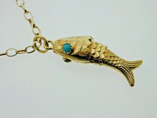 Vintage Articulated 9 Carat Gold & Turquoise Fish Pendant And Chain