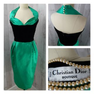 Vintage Christian Dior Boutique Emerald Green Satin Ruched Black Velvet Halter