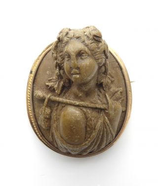Rare Antique 14 Karat Gold Bezel,  High Relief Goddess,  Lava Cameo Brooch Pin