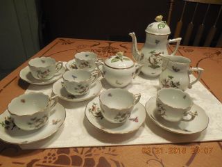 Antique Herend Porcelain " Rothschild Bird " Complete Coffee Mocha Service For 6