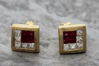 Vintage Ladies 14k 585 Yellow Gold Diamond Ruby Square Stud Butterfly Earrings