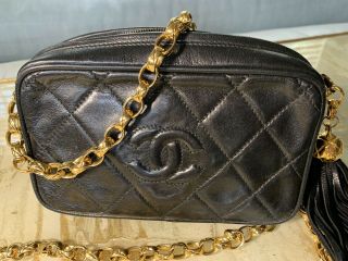 Chanel Vintage Black Quilted Lambskin Leather Camera Bag Gold Chain & Gold Charm