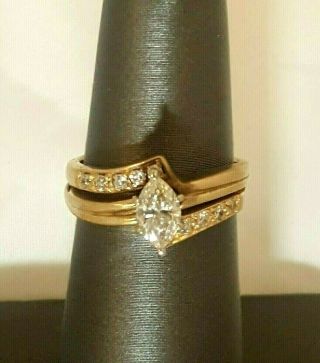 14K Yellow Gold Sz 5.  5 Vintage Wedding Set.  5 ct Marquise Diamond & Accents 4.  8g 10