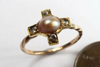 Pretty Little Antique Georgian 18k Gold Pearl & Rose Cut Diamond Cross Ring