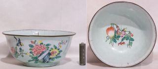 Chinese Roc Famille Rose Enamel Bowl With Birds,  Flowers,  Cricket,  Bats,  & Peach