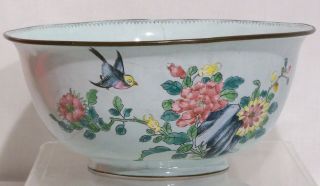 Chinese ROC Famille Rose Enamel Bowl with Birds,  Flowers,  Cricket,  Bats,  & Peach 3
