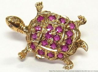 Vintage 14k Gold Natural Ruby Diamond Eye Turtle Pin Tortoise Marine Life Animal